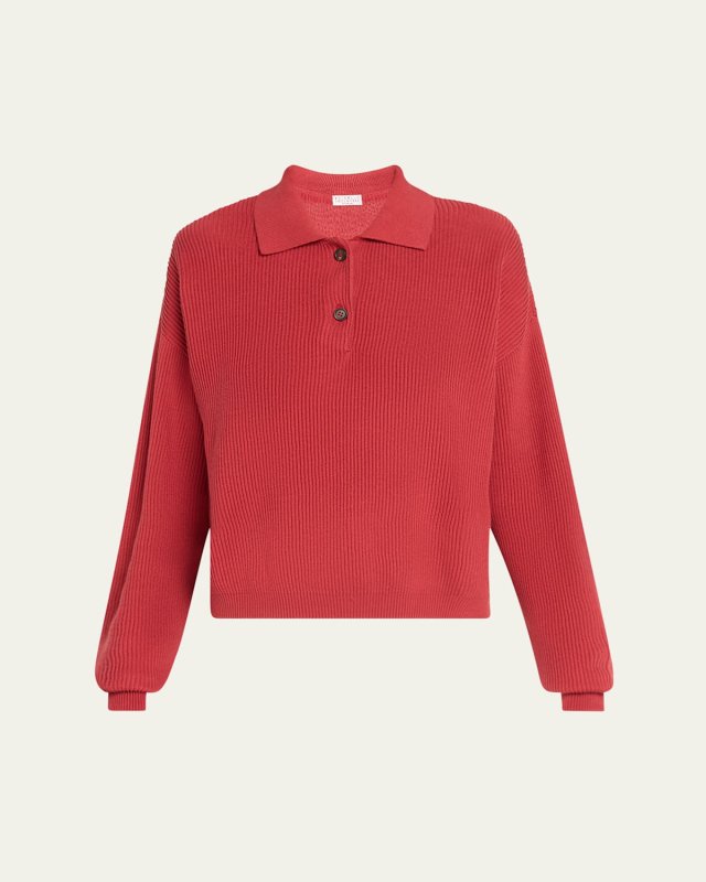 Cotton Rib-Knit Long-Sleeve Polo Sweater